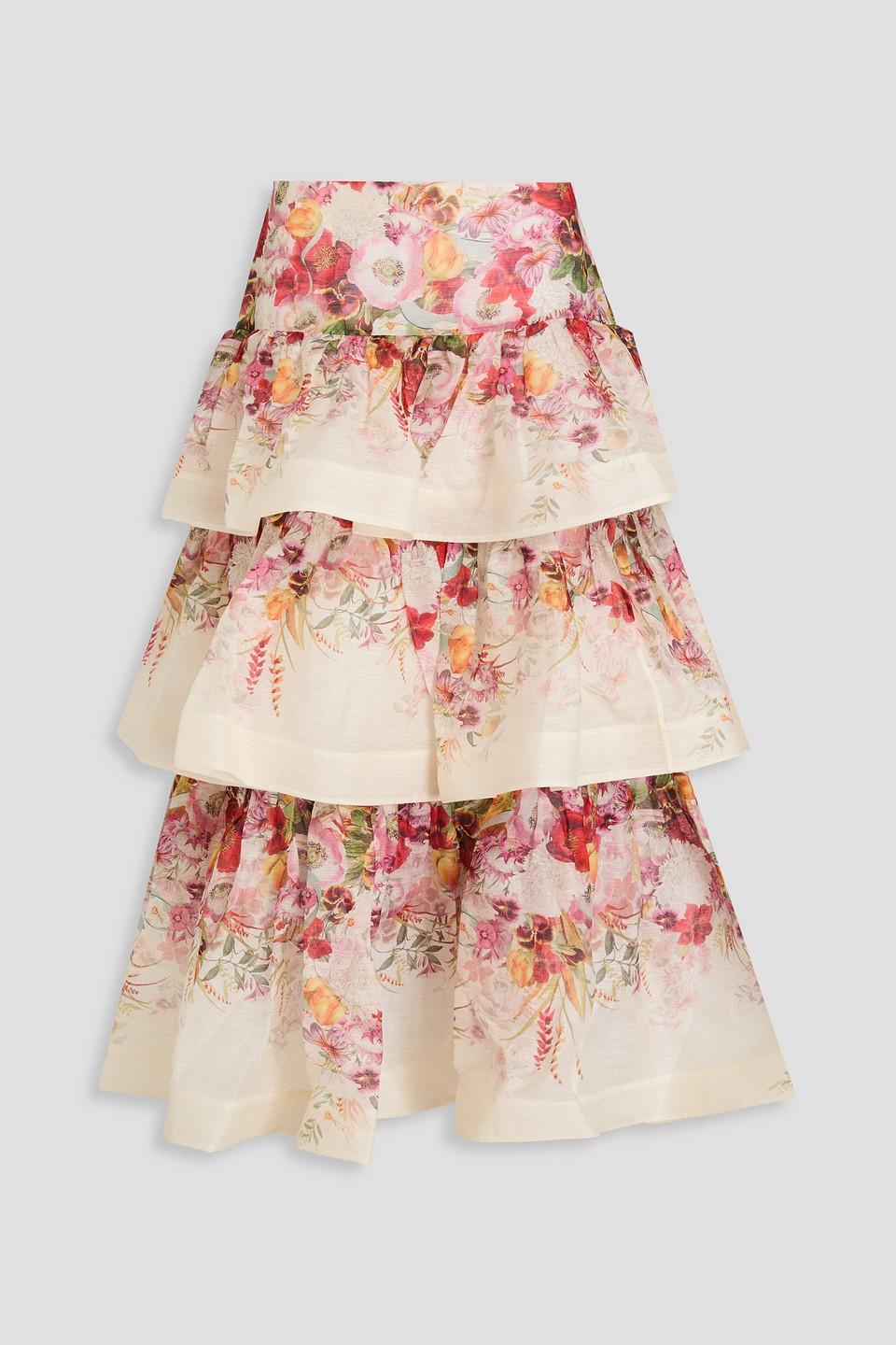 Tiered Floral-print Linen And Silk-blend Gauze Midi Skirt In Ivory Product Image