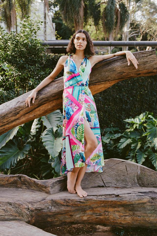 SATIN EFFECT TROPICAL PRINT DRESS Product Image