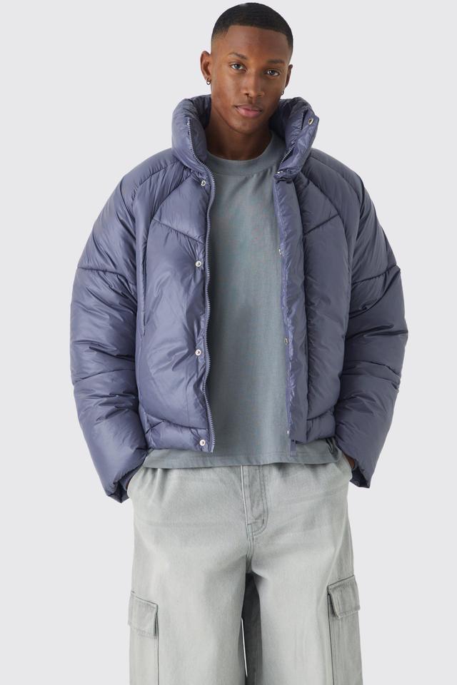 Boxy High Shine Nylon Abstract Quilted Funnel Neck Puffer In Slate | boohooMAN USA Product Image