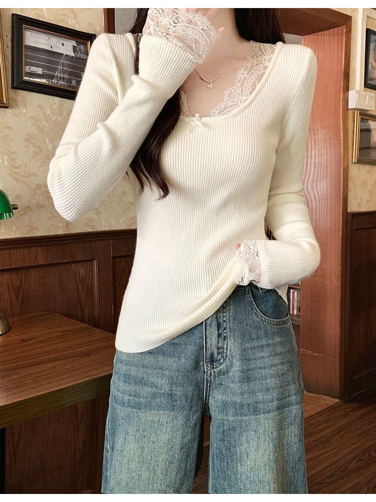 Long-Sleeve V-Neck Plain Lace Trim Ribbed Knit Top Product Image