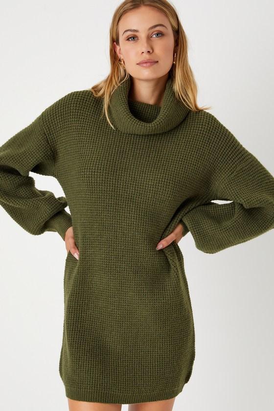 Casual Coziness Olive Green Waffle Knit Cowl Neck Sweater Dress Product Image