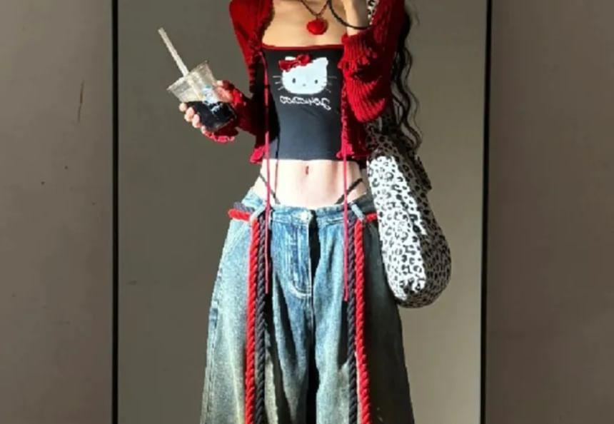 Low Waist Washed Cartoon Applique Wide Leg Jeans Product Image