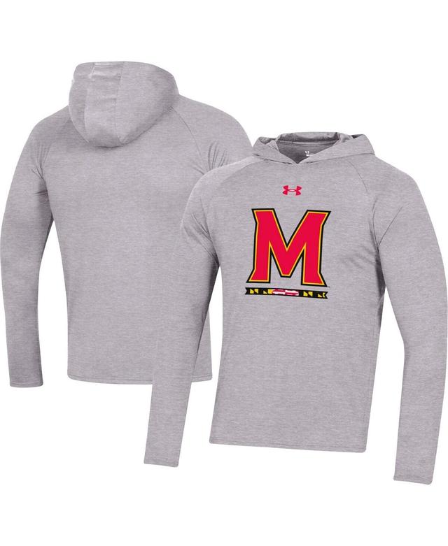 Mens Under Armour Heather Gray Maryland Terrapins School Logo Raglan Long Sleeve Hoodie Performance T-Shirt Product Image