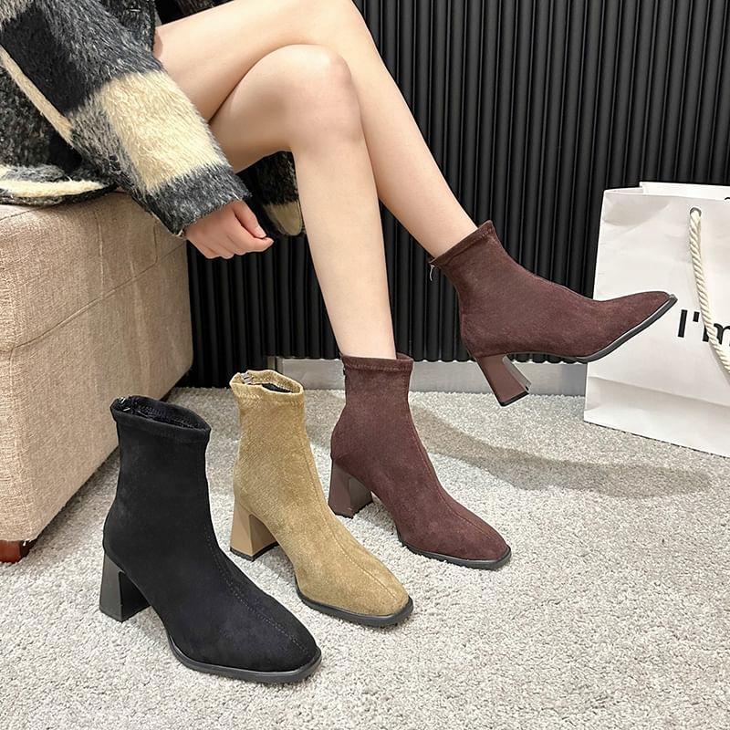 Square Toe Faux Suede Block Heel Short Boots Product Image