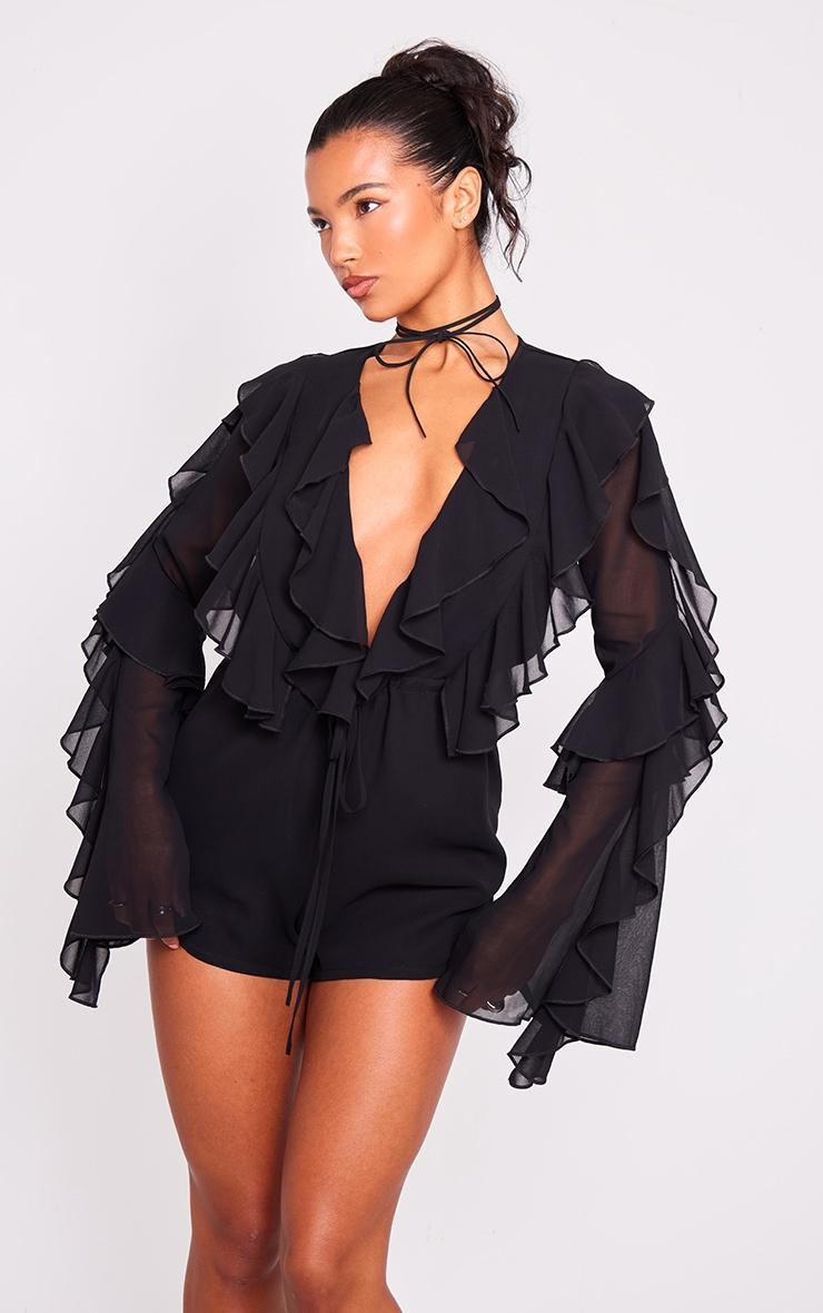 Black Ruffle Detail Long Sleeve Plunge Romper Product Image