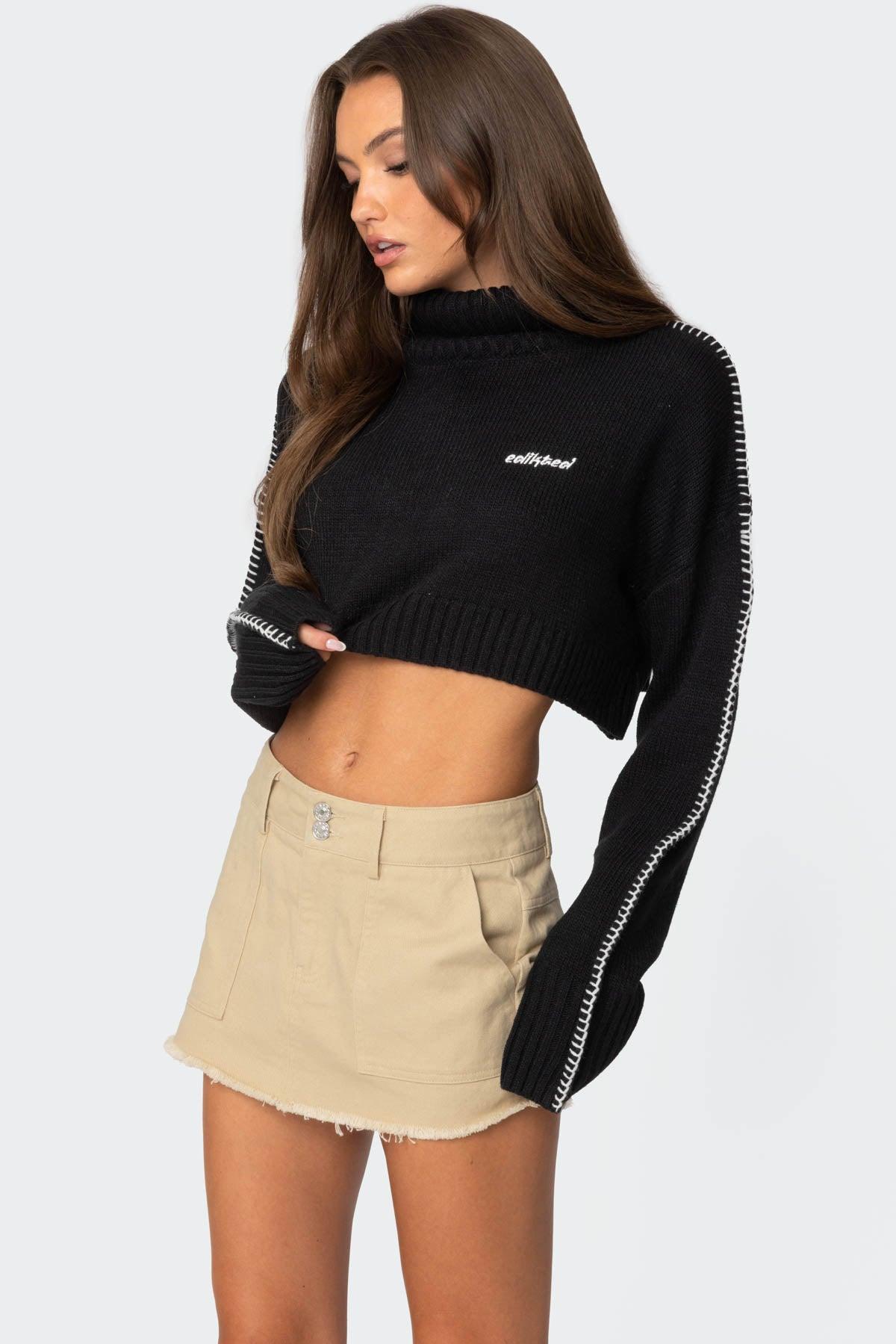 Embroidered Edge Cropped Turtle Neck Sweater Product Image