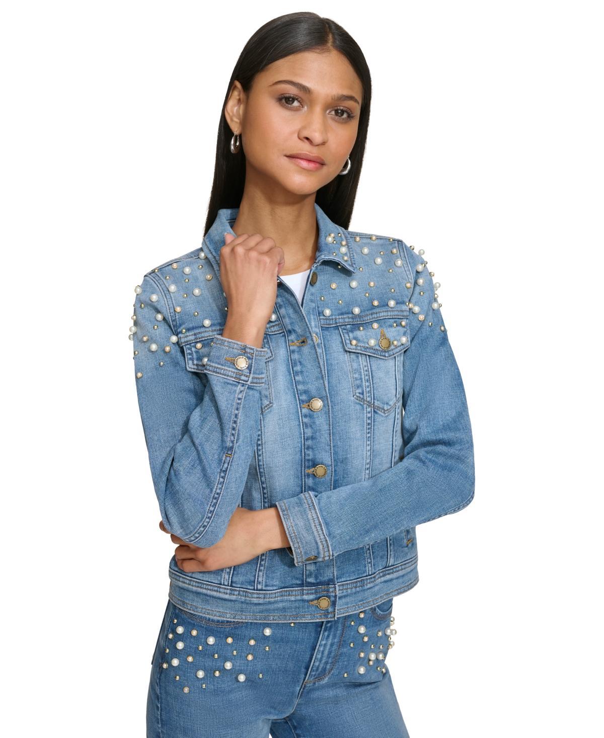 Karl Lagerfeld Paris Womens Imitation Pearl Denim Jacket Product Image