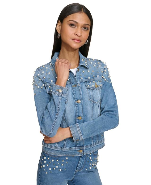 Karl Lagerfeld Paris Womens Imitation Pearl Denim Jacket Product Image