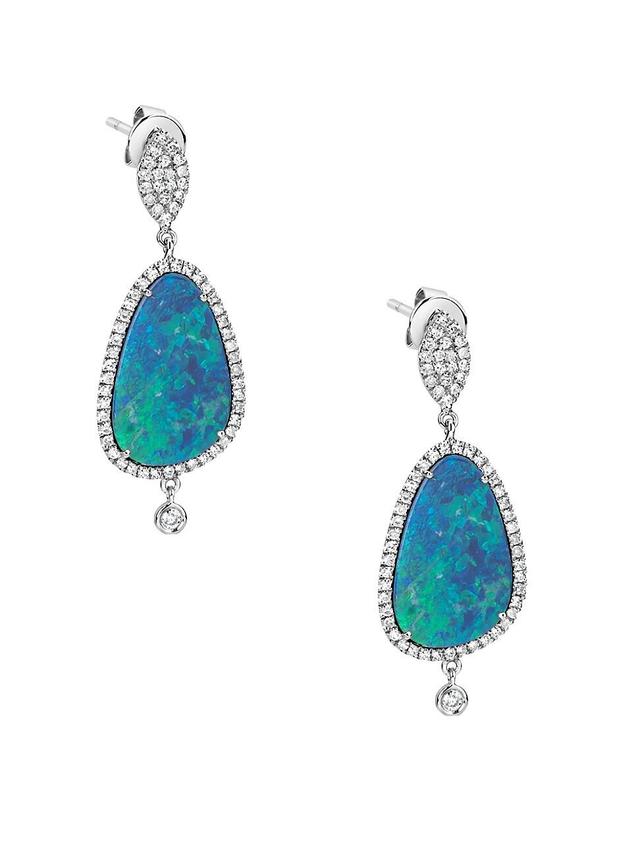 Womens 14K White Gold, Diamond, & Opal Drop Earrings Product Image