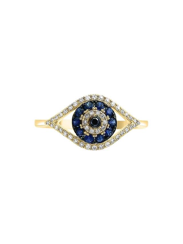 Womens 14K Yellow Gold, Blue Sapphire & 0.17 TCW Diamond Evil Eye Ring Product Image