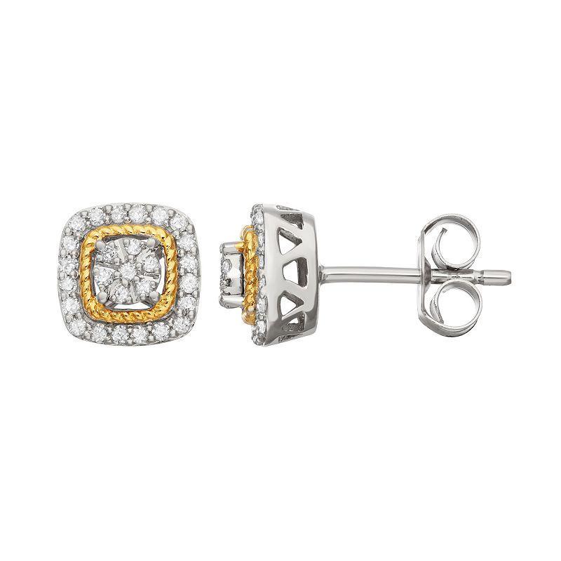 Two Tone Sterling Silver 1/4 Carat T.W. Diamond Square Halo Stud Earrings, Womens, Gold Tone Product Image