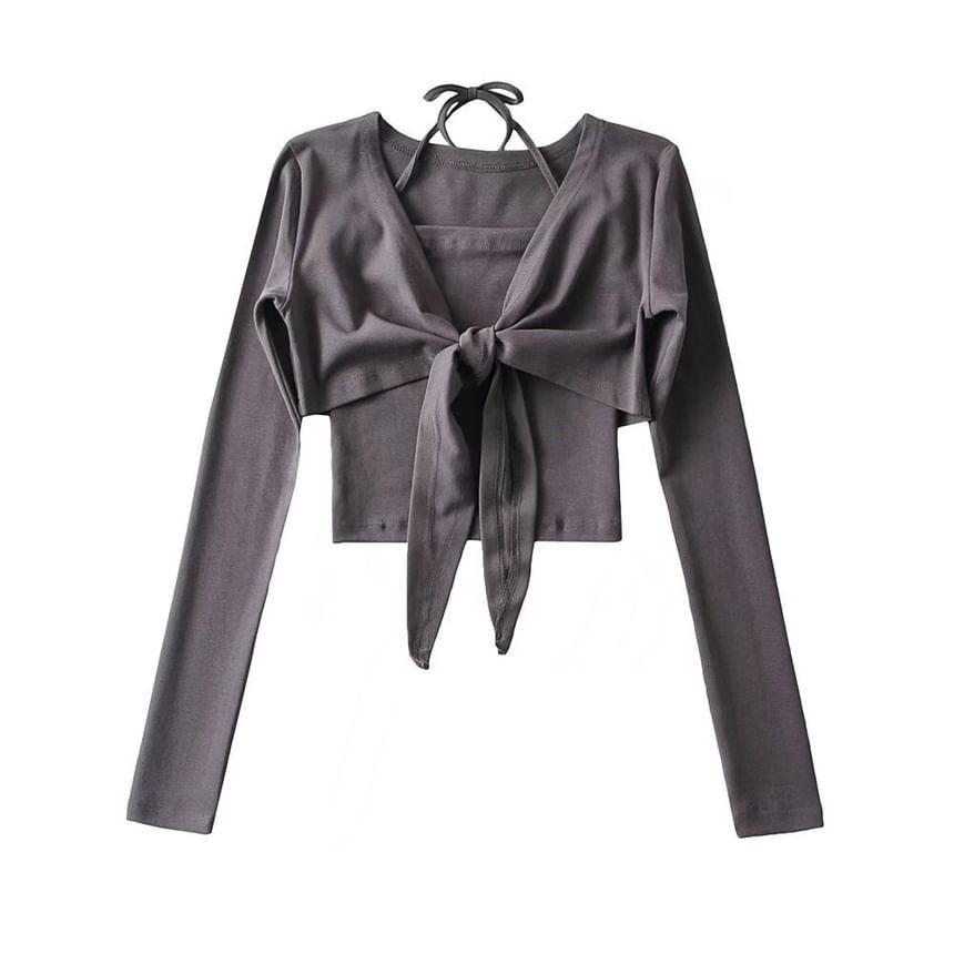 Set: Long-Sleeve V-Neck Plain Tie Front Crop Top + Camisole Top Product Image