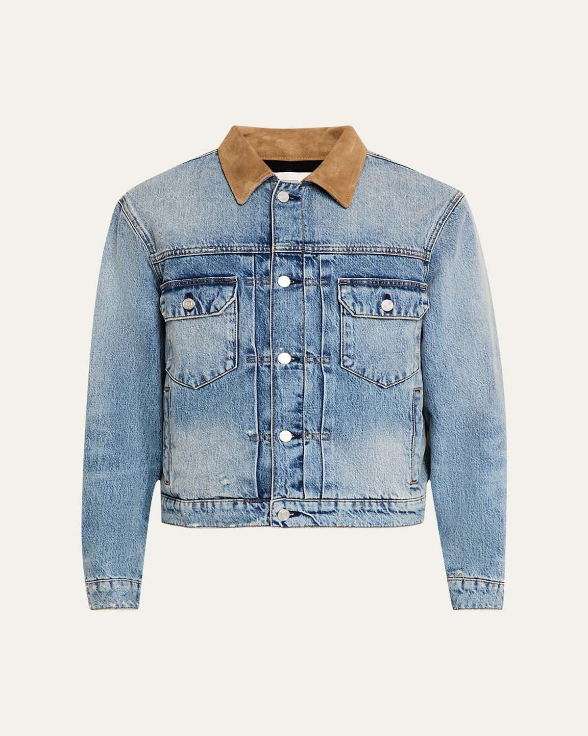 Mens Denim Jacket with Suede Collar Product Image