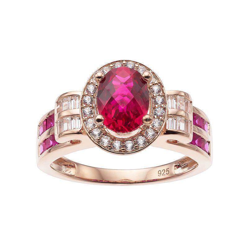 14k Rose Gold Over Silver Lab-Created Ruby & White Sapphire Oval Halo Ring, Womens Red Product Image