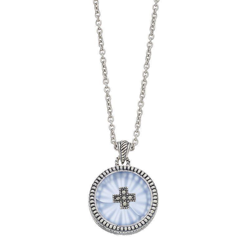 Lavish by TJM Sterling Silver Blue Sunray Crystal & Marcasite Circle Pendant Necklace, Womens Product Image