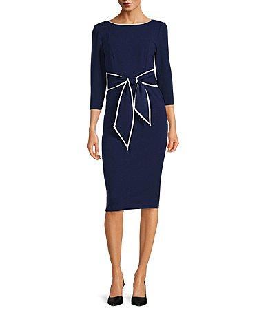 Adrianna Papell Contrasting Trim Boat Neck 34 Sleeve Tie Waist Crepe Sheath Dress Product Image