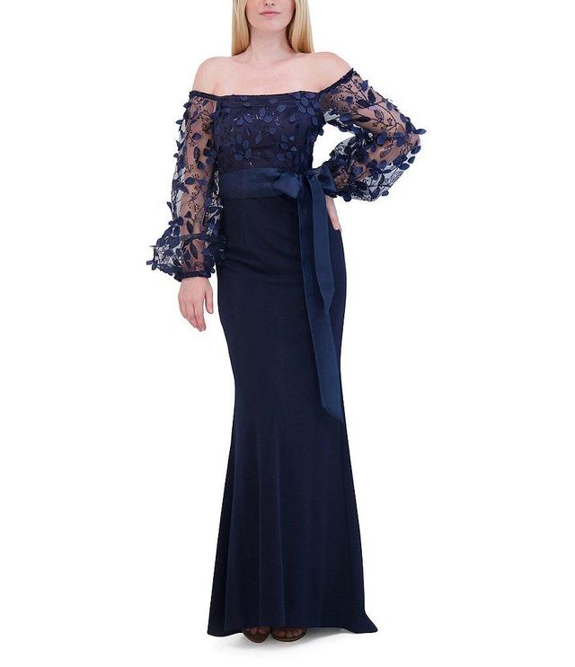 Eliza J 3D Petals Off-The-Shoulder Bow Waist Long Sleeve Gown Product Image