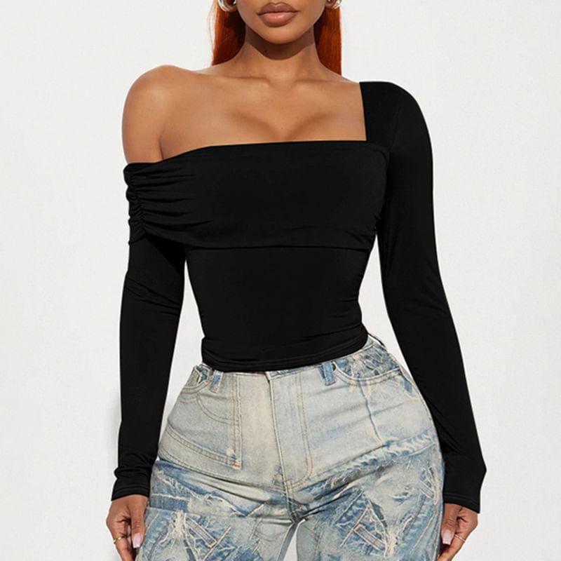 One Shoulder Long Sleeve Ruched Cropped Top product image