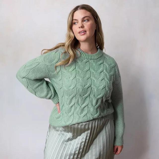 Plus Size LC Lauren Conrad Cable Knit Crewneck Sweater, Womens Eucalyptus Green Product Image