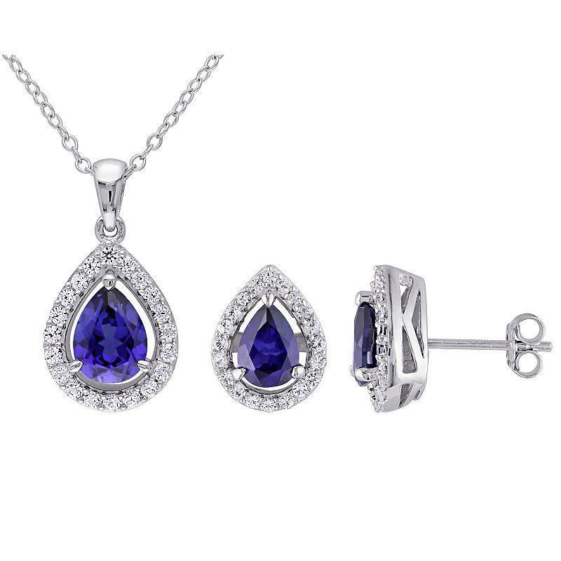 Stella Grace Sterling Silver Lab Created Sapphire Teardrop Pendant & Stud Earring Set, Womens Multicolor Product Image