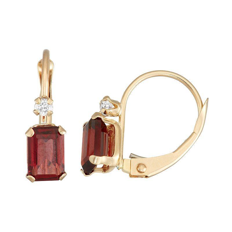 Designs by Gioelli 10k Gold Emerald-Cut Garnet & White Zircon Leverback Earrings, Womens, Red Product Image