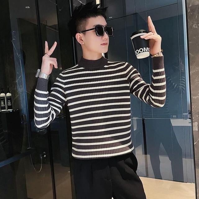 Mock Neck Striped Ribbed Sweater Product Image