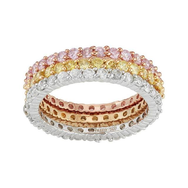 Cubic Zirconia Tri-Tone Sterling Silver Stack Ring Set, Womens Multicolor Product Image