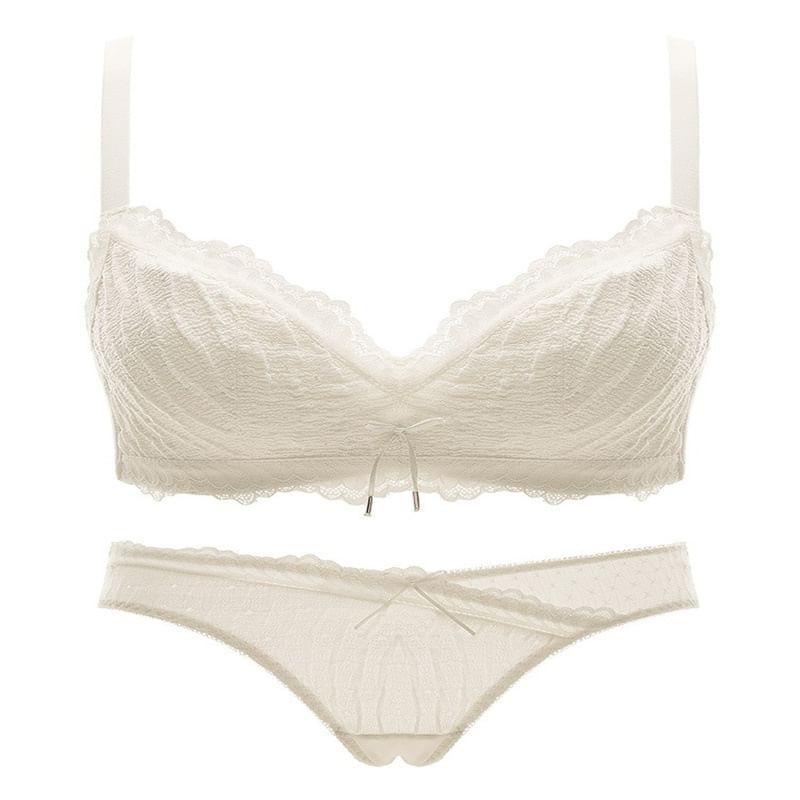 Plain Bow Lace Trim Wireless Bra / Panty / Set Product Image