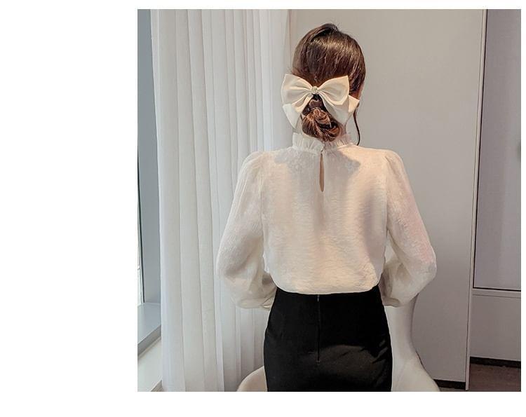 Long-Sleeve Floral Faux Pearl Lace Blouse Product Image