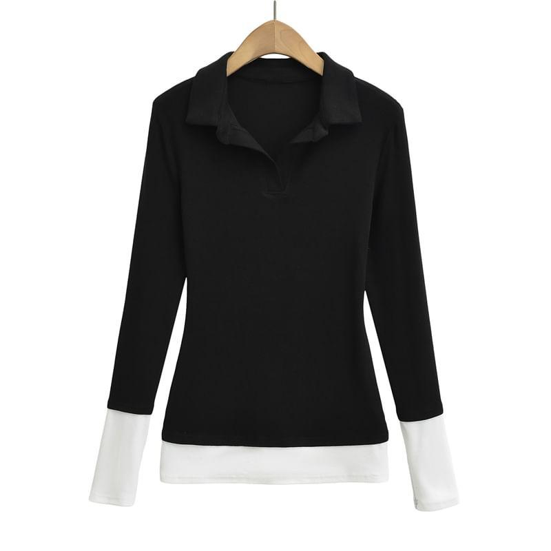 Long Sleeve Lapel Neck Contrast Trim Polo Shirt Product Image