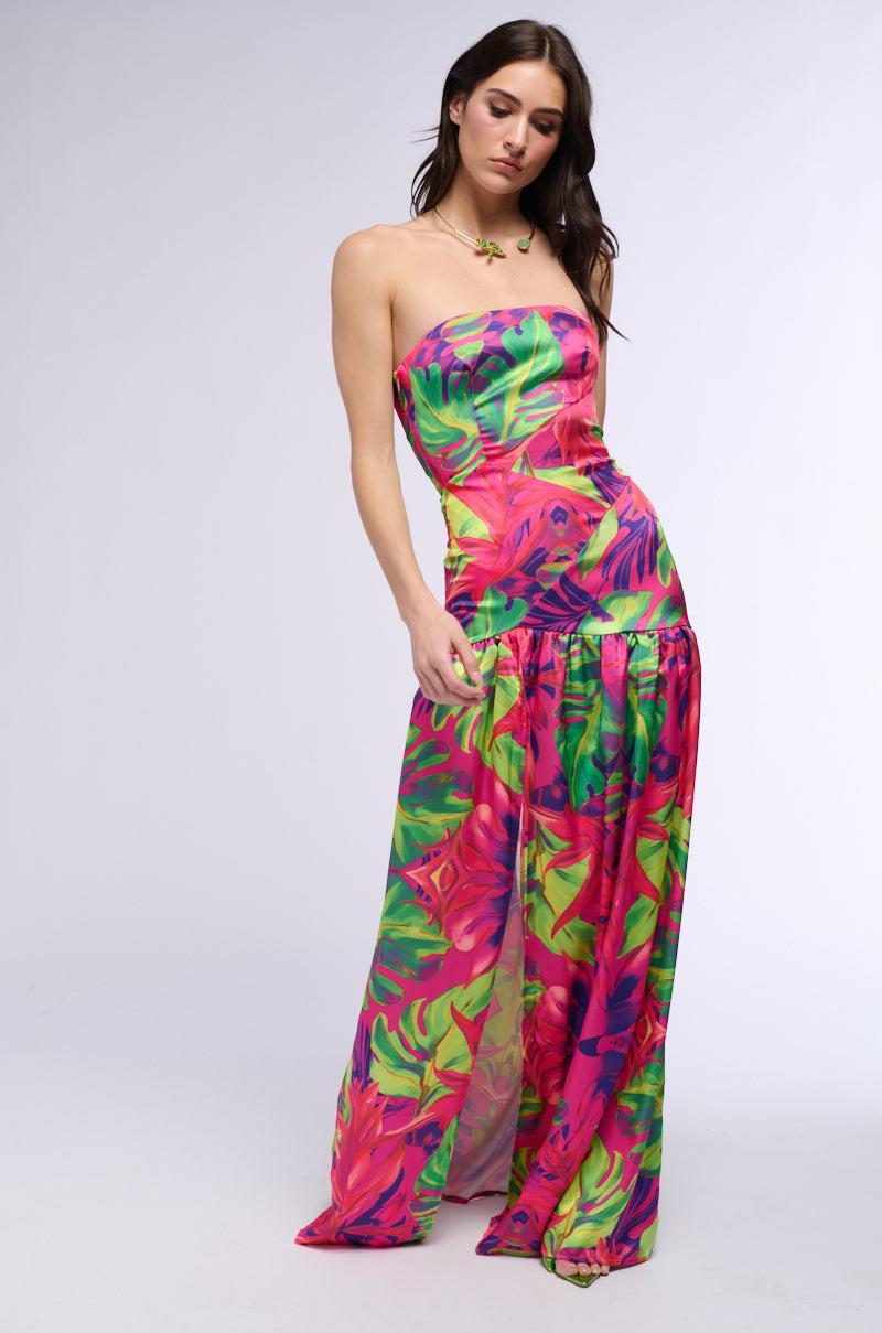 TROPICAL GETAWAY SATIN PRINTED MAXI DRESS Product Image