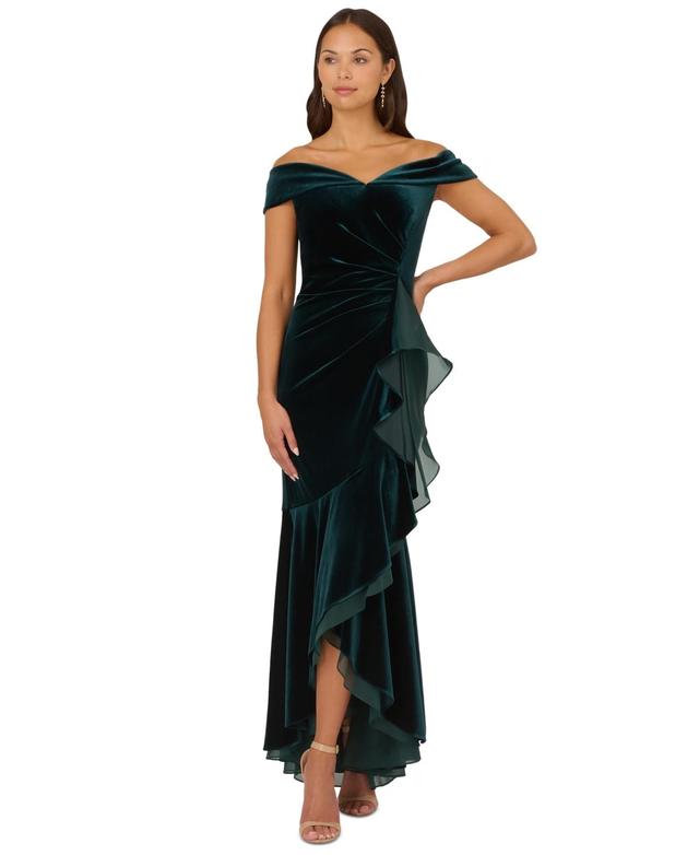 Adrianna Papell Womens Off-The-Shoulder Organza-Trim Velvet Gown Product Image