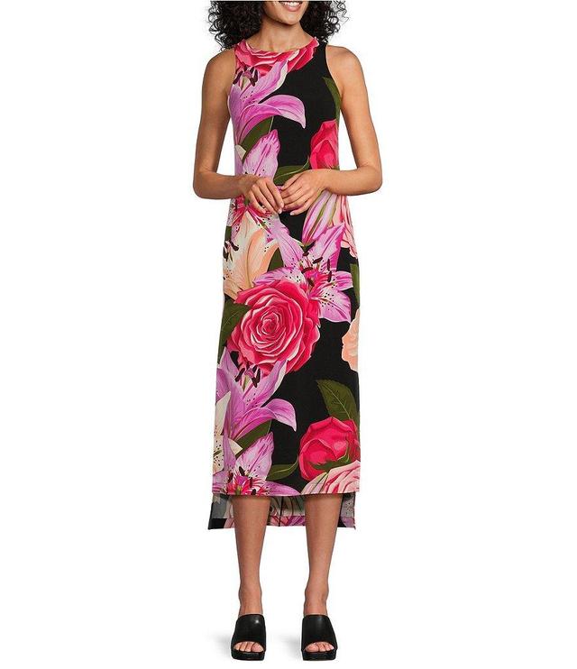 Eva Varro Mixed Floral Print Knit Jersey Crew Neck Sleeveless High-Low Hem Midi Sheath Dress Product Image