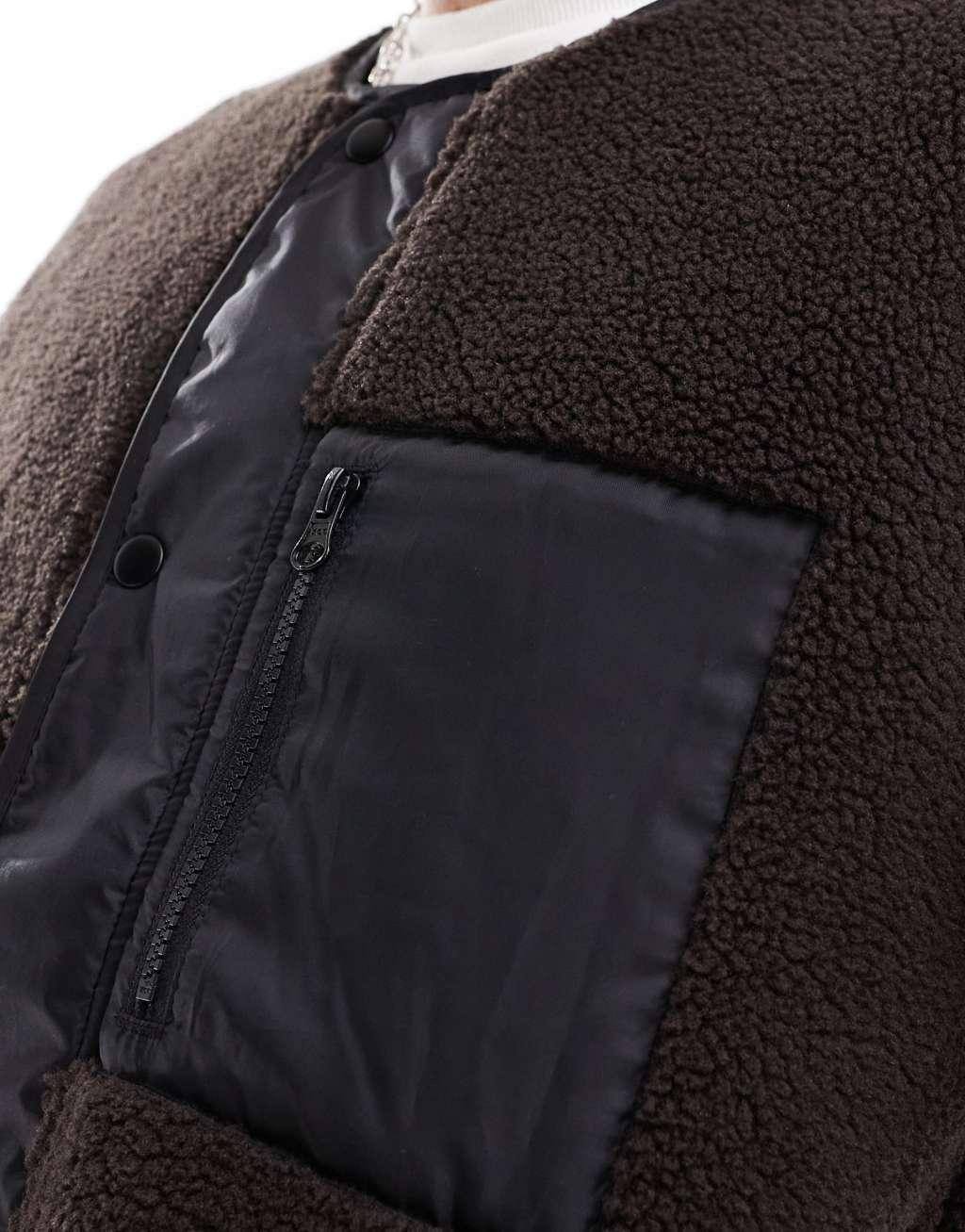 ASOS DESIGN zip through fleece jacket with pocket in brown Product Image