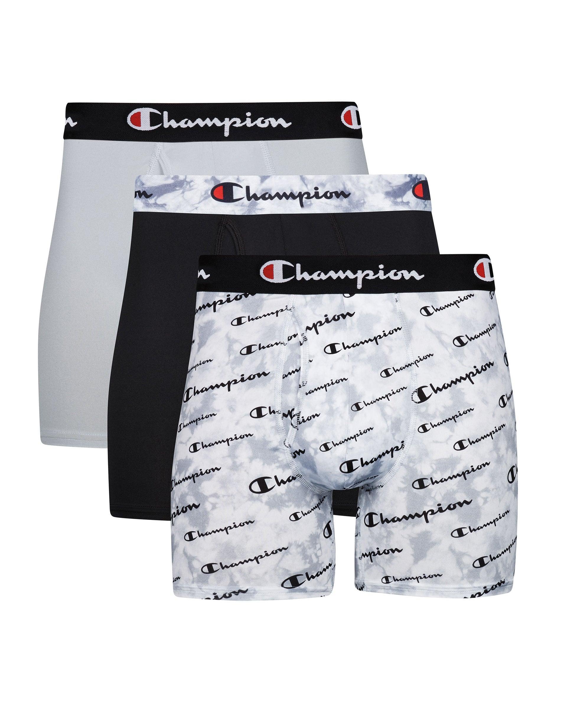 Champion Mens Total Support Pouch Boxer Briefs Pack, Moisture Wicking, 3-Pack, Grey Logo Print & Assorted Spacedye/Black Script Logo/Grey Spacedye... Product Image