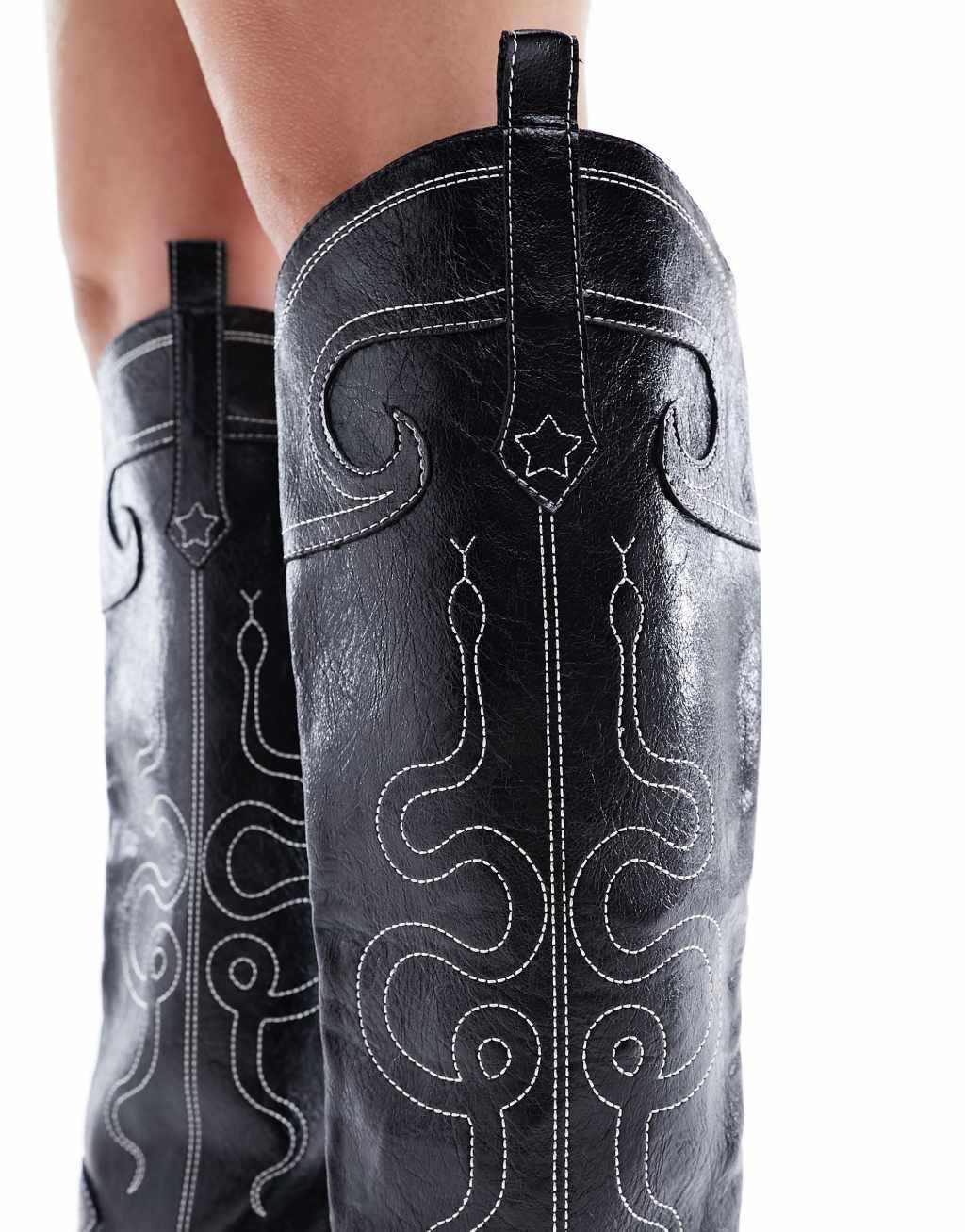 Public Desire Wide Fit Serpentine western boots with embroidery in black Product Image