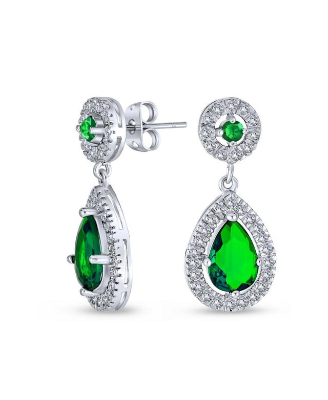 Fashion Green Simulated Emerald Aaa Cz Halo Pear Shaped Teardrop Dangle Earrings For Women For Prom Rhodium Plated Brass Product Image