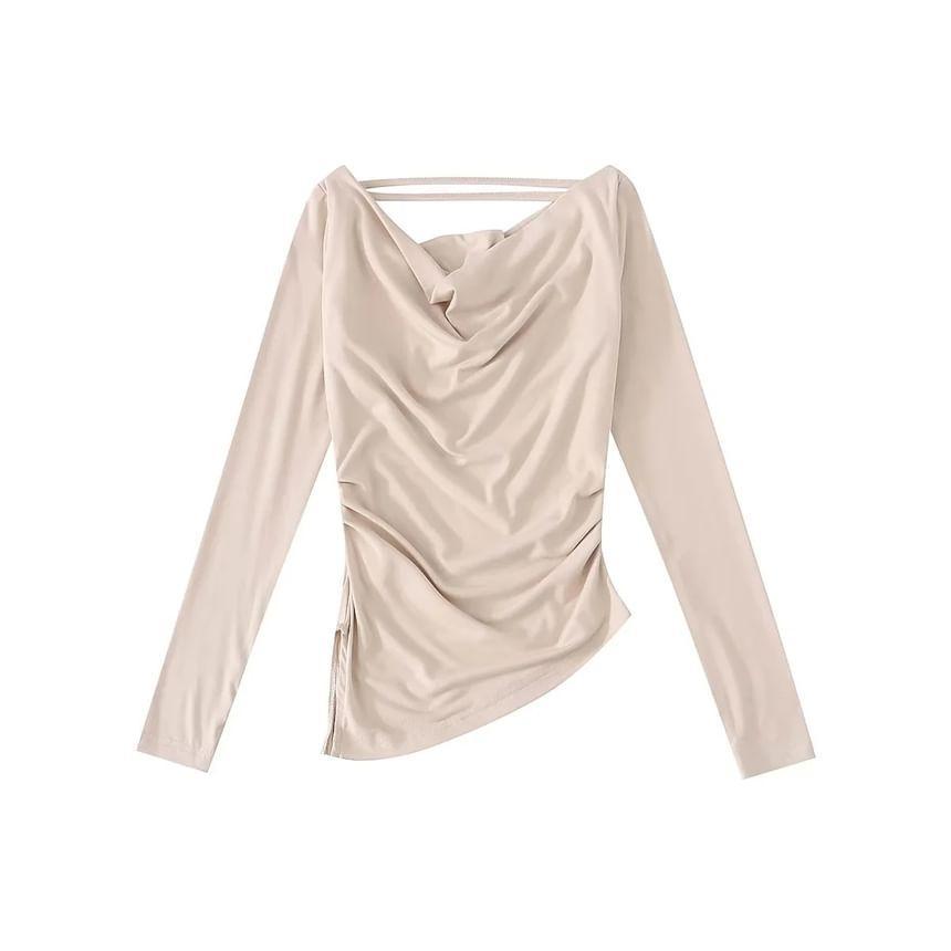 Long Sleeve Cold-Shoulder Plain T-Shirt Product Image