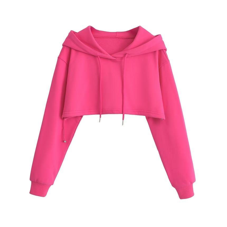 Long-Sleeve Plain Drawstring Crop Hoodie Product Image