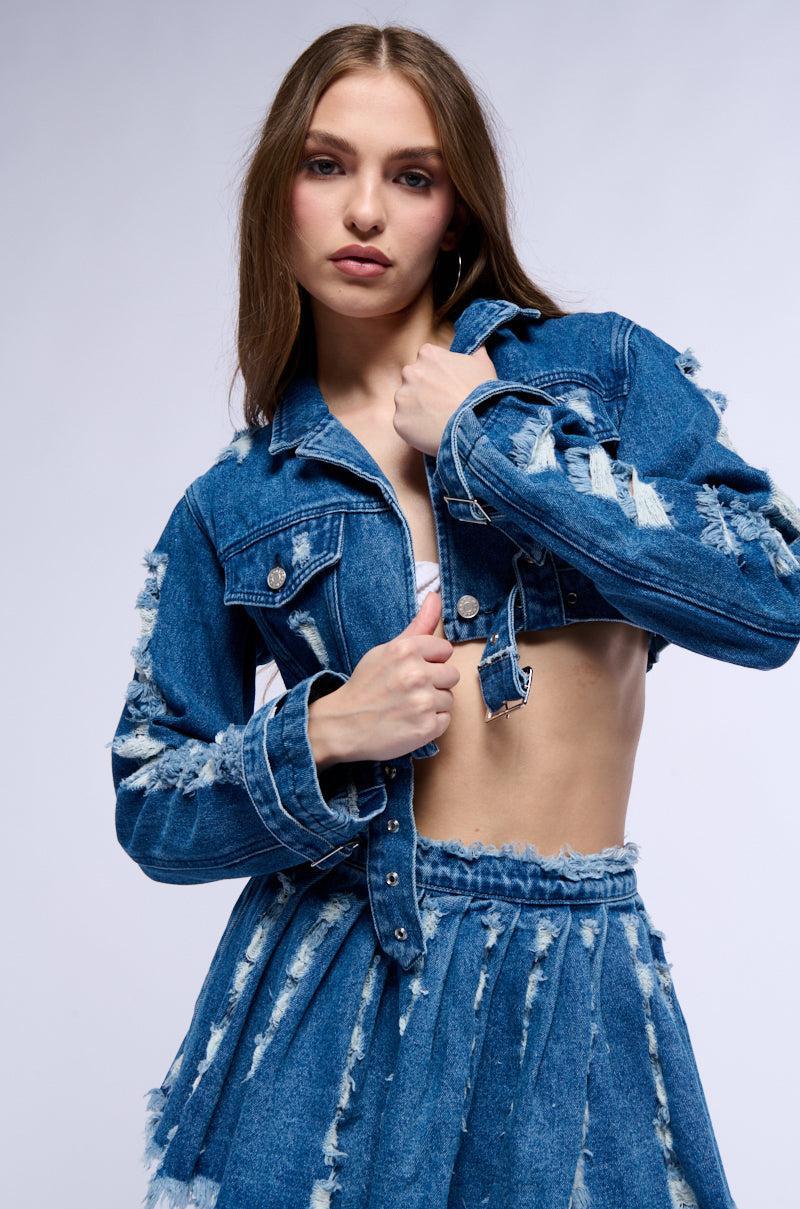 STRESSED OUT CUT OUT CROP DENIM JACKET Product Image