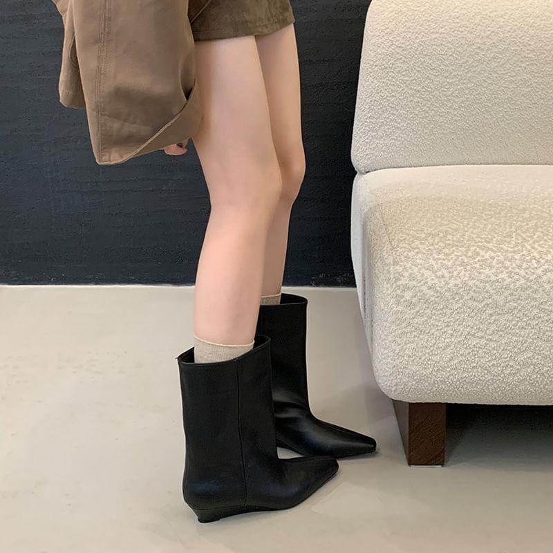 Wedge Heel Plain Faux Leather Short Boots Product Image