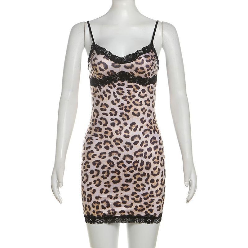 Spaghetti Strap Leopard Print Mini Bodycon Dress Product Image