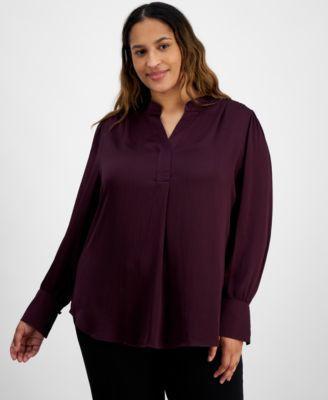 Plus Size Pleat-Front Long-Sleeve Top Product Image