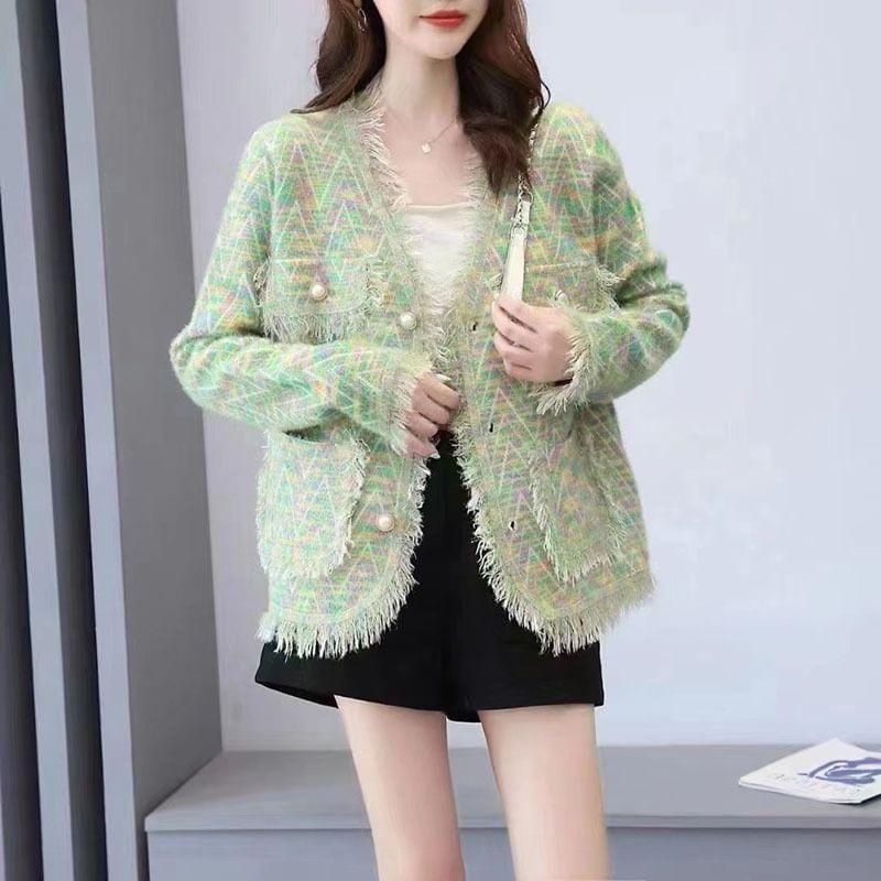 V-Neck Zig Zag Fringe Faux Pearl Button Cardigan Product Image