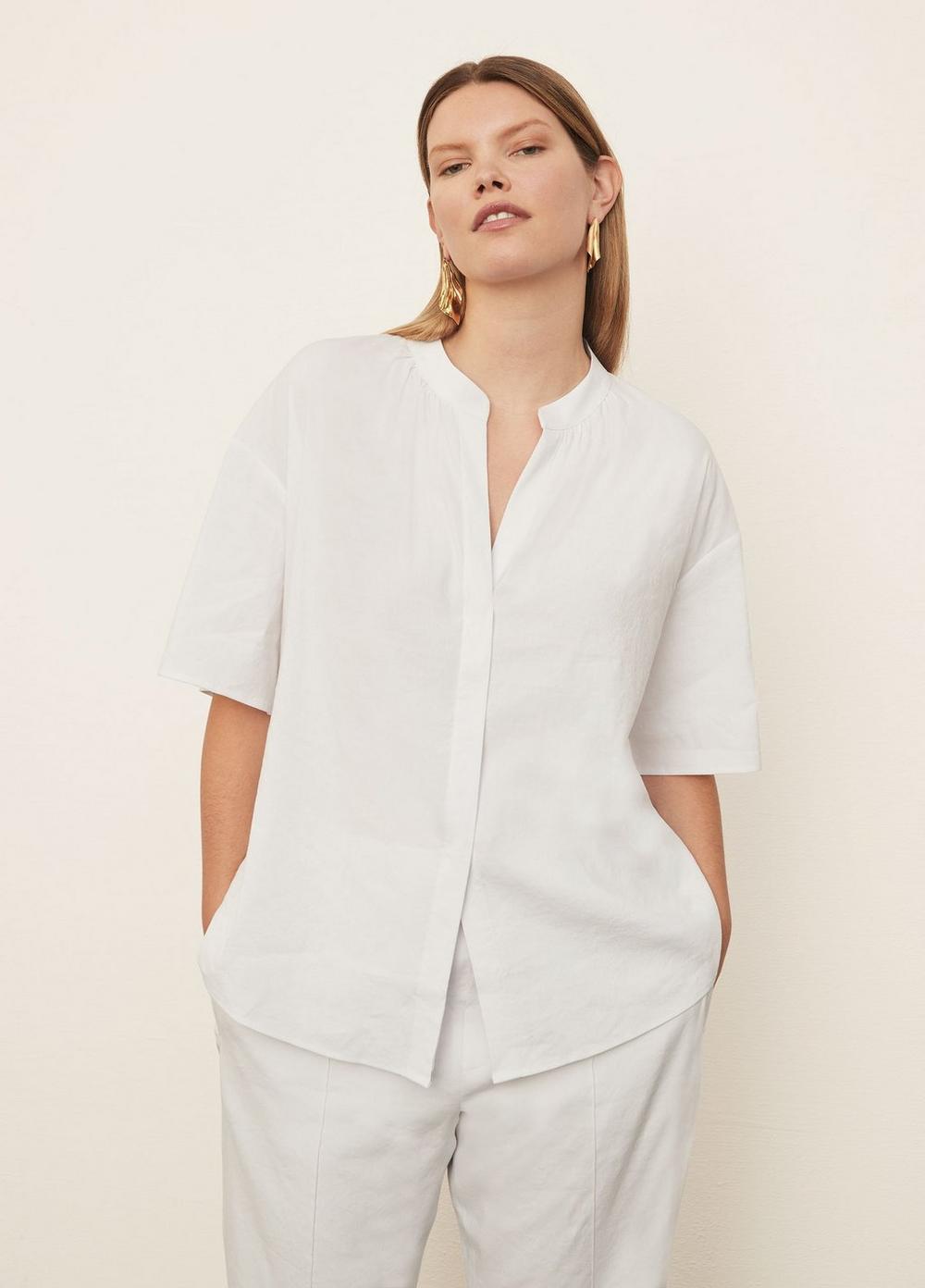 Short Sleeve Shirred Band Collar Blouse Product Image