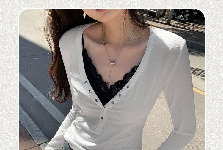 Long-Sleeve V-Neck Henley Slim Fit Tee Product Image