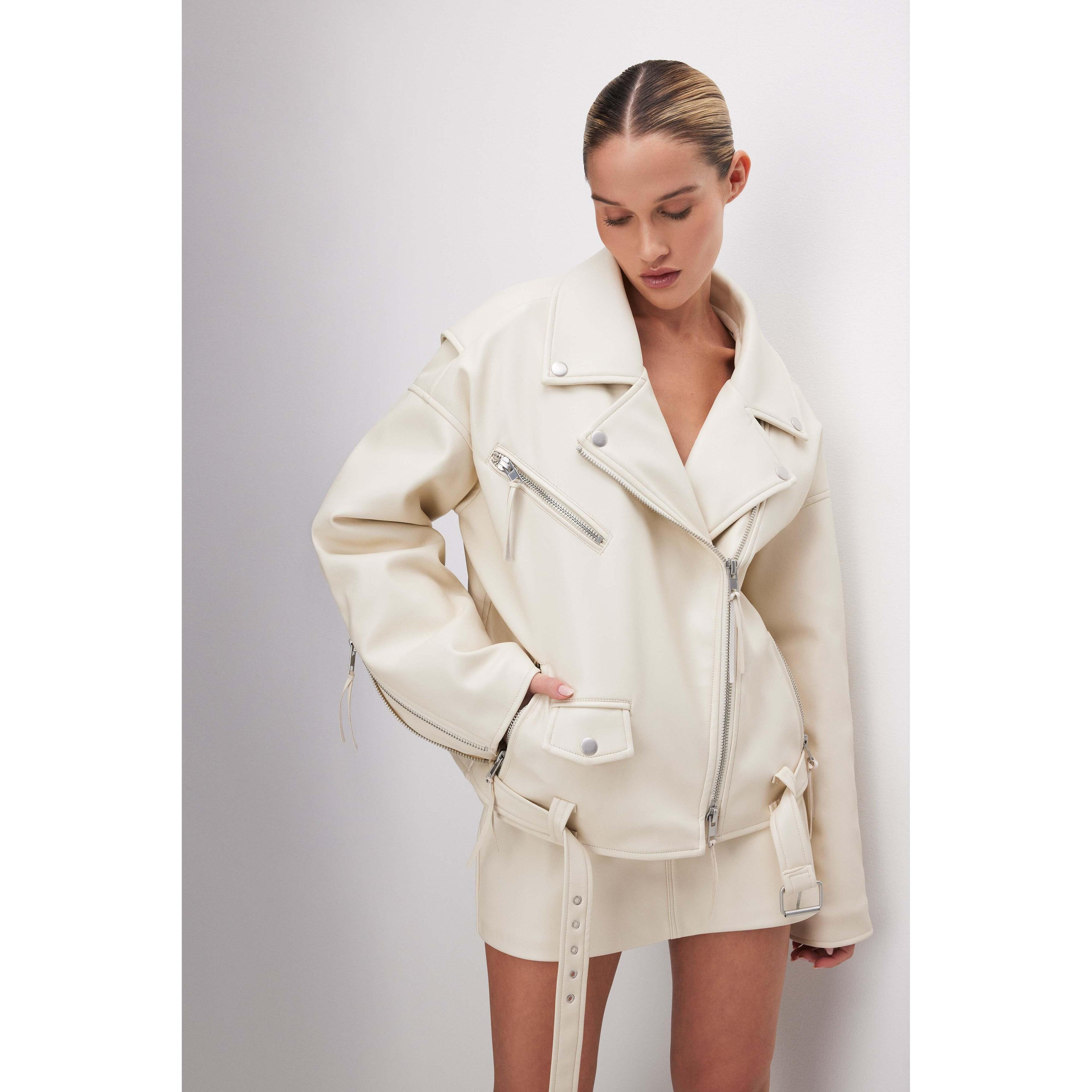 Womens OverSized Faux Leather Moto Jacket | Cloud White, Size S/M | Good American by Khlo Kardashian Product Image