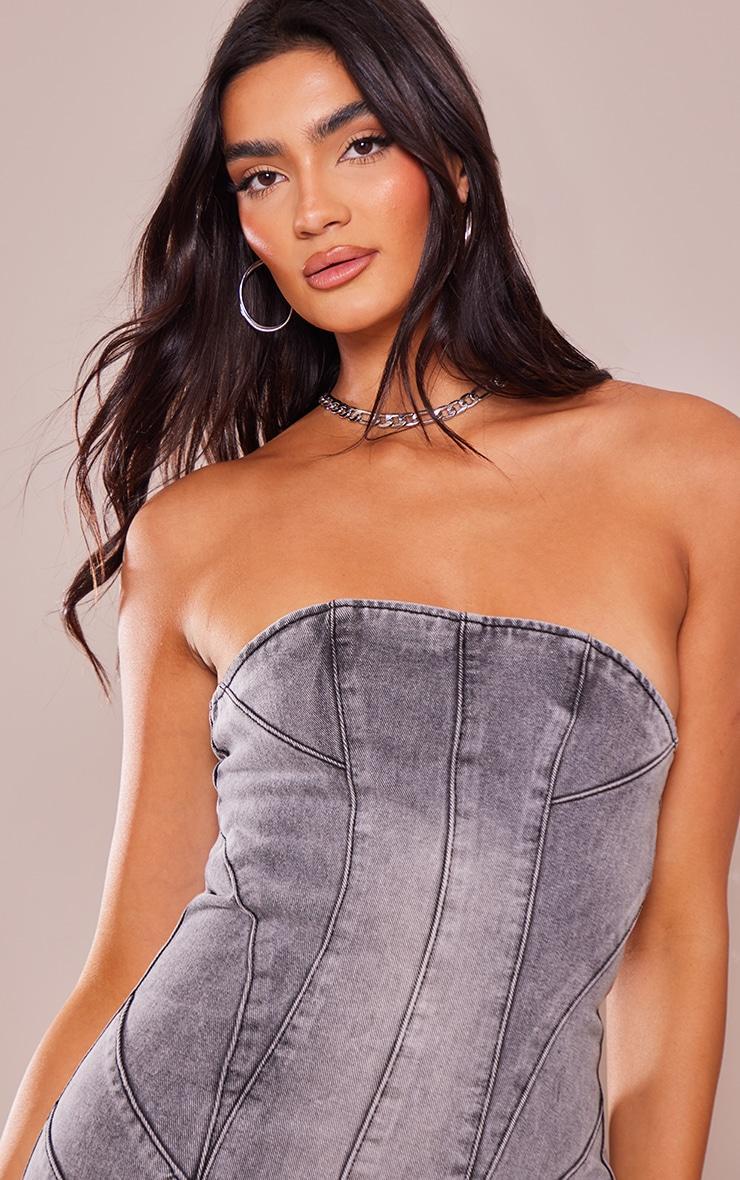 Washed Grey Seam Detail Bandeau Denim Mini Dress Product Image