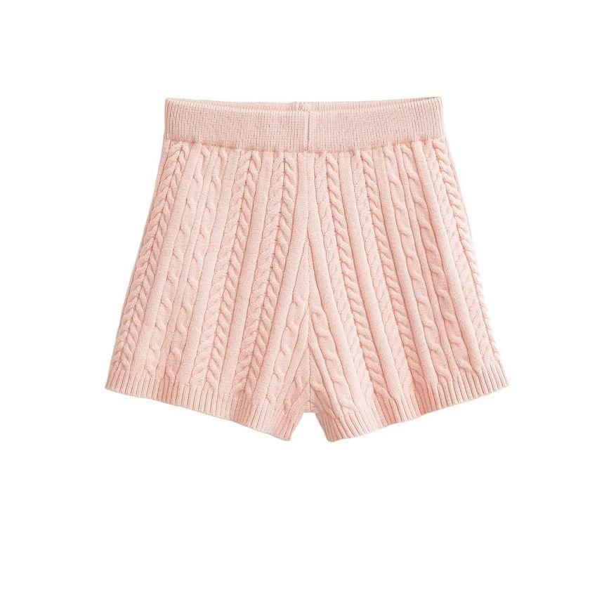 High Waist Plain Cable Knit Shorts Product Image