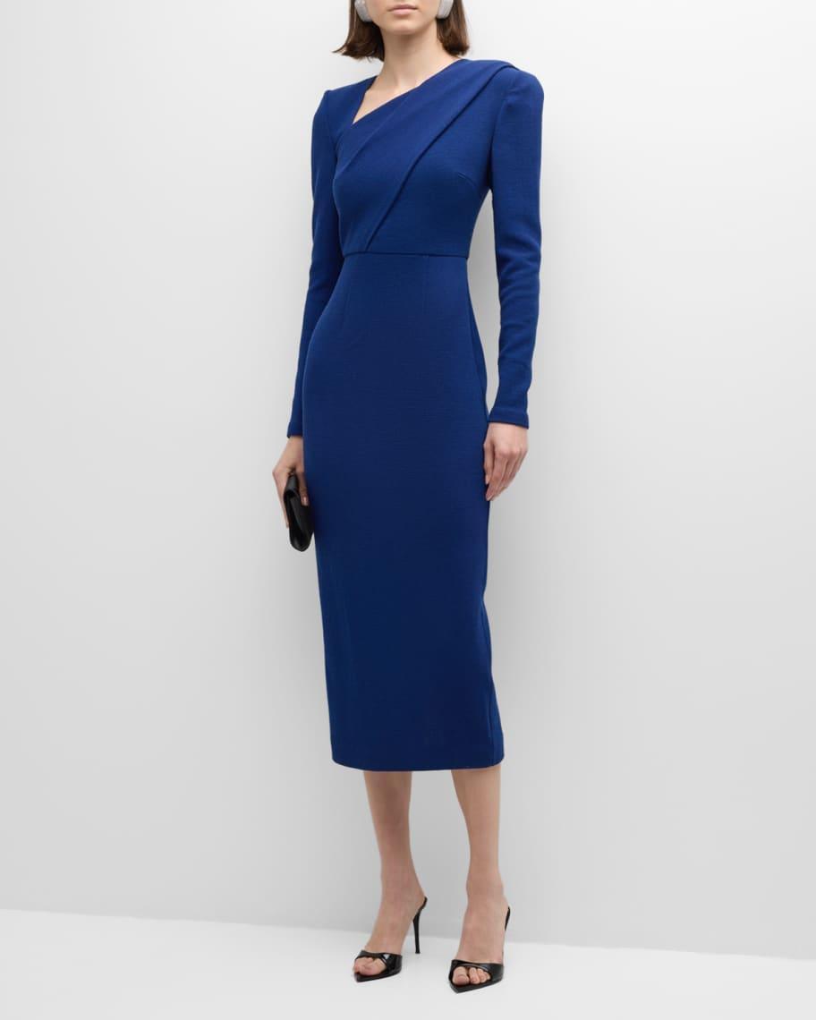 V-Neck Long-Sleeve Wool Crepe Midi Dress Product Image